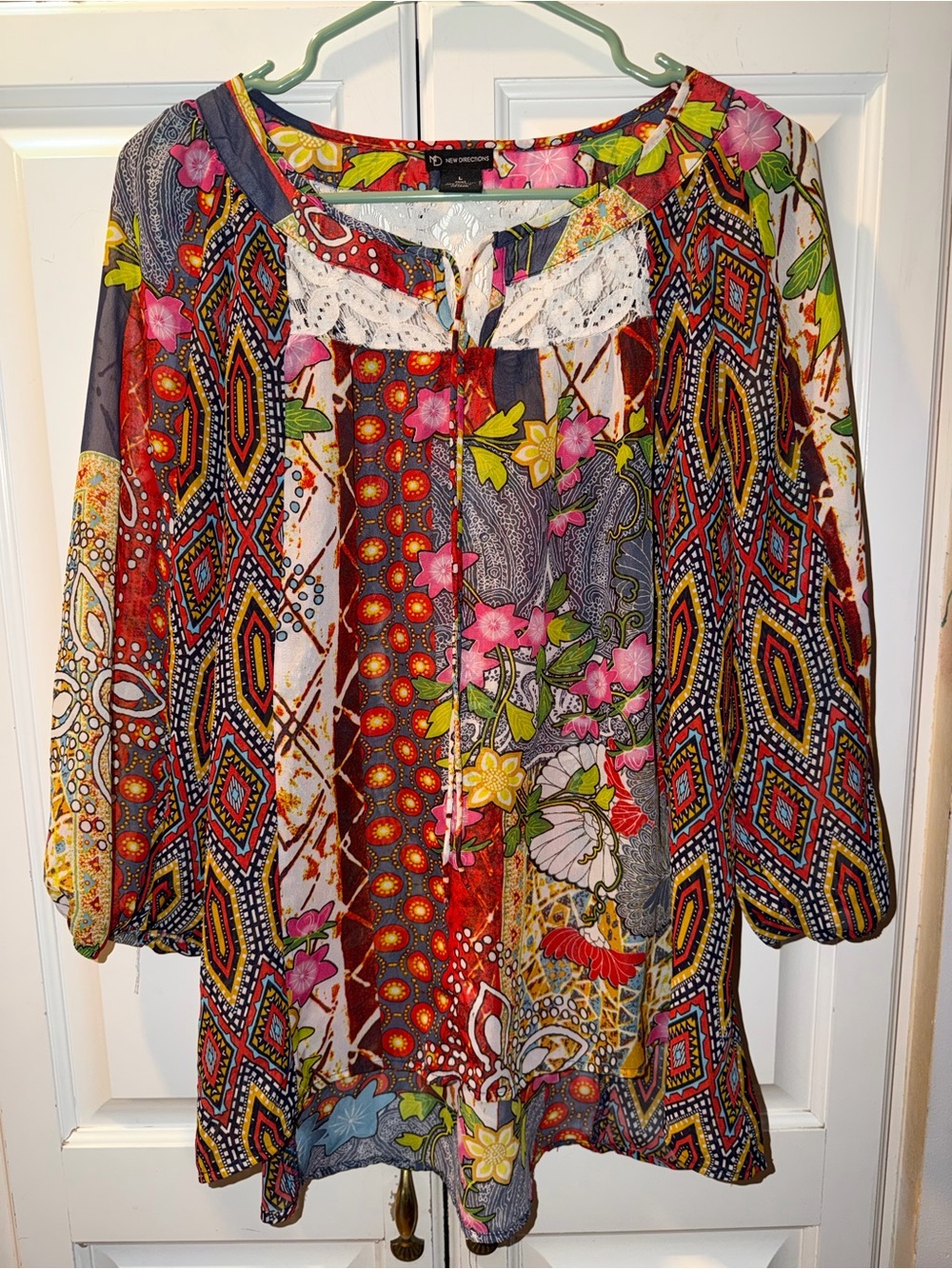 New Directions Multicolor Boho Patchwork Tunic with Lace Detail Size L